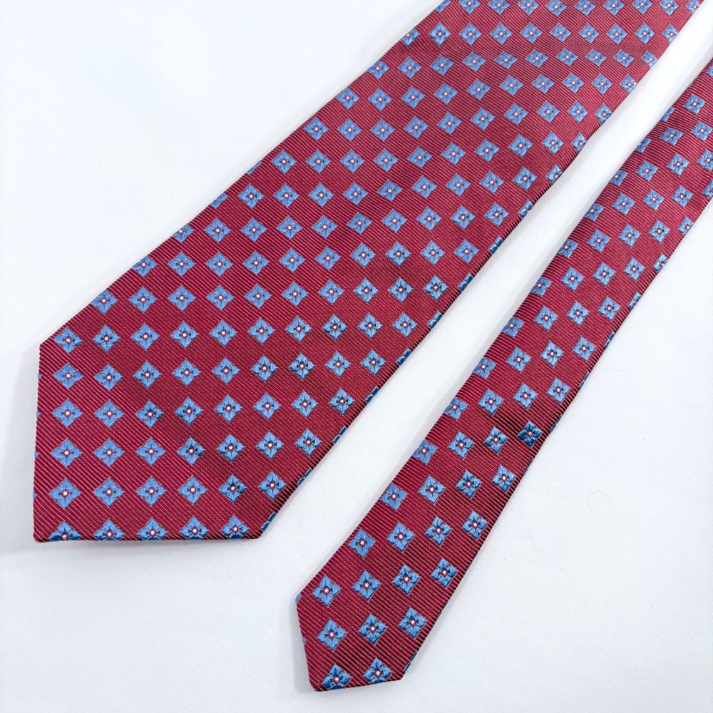 Lands End Tie Red Blue Geometric Floral Medallion Silk Hand Sewn Long
